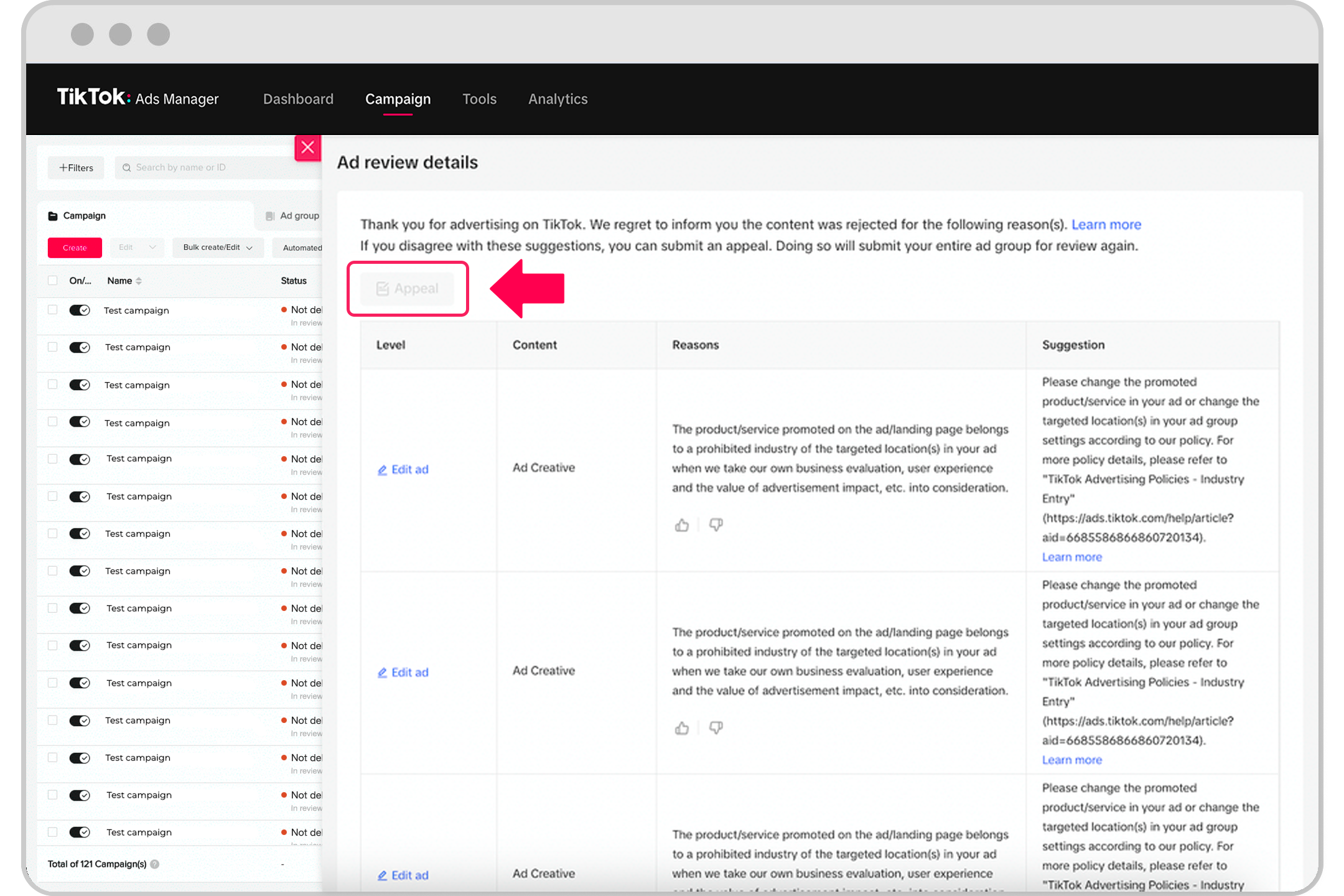 通过针对其他广告类型的一键申诉功能对被拒绝的广告提出申诉