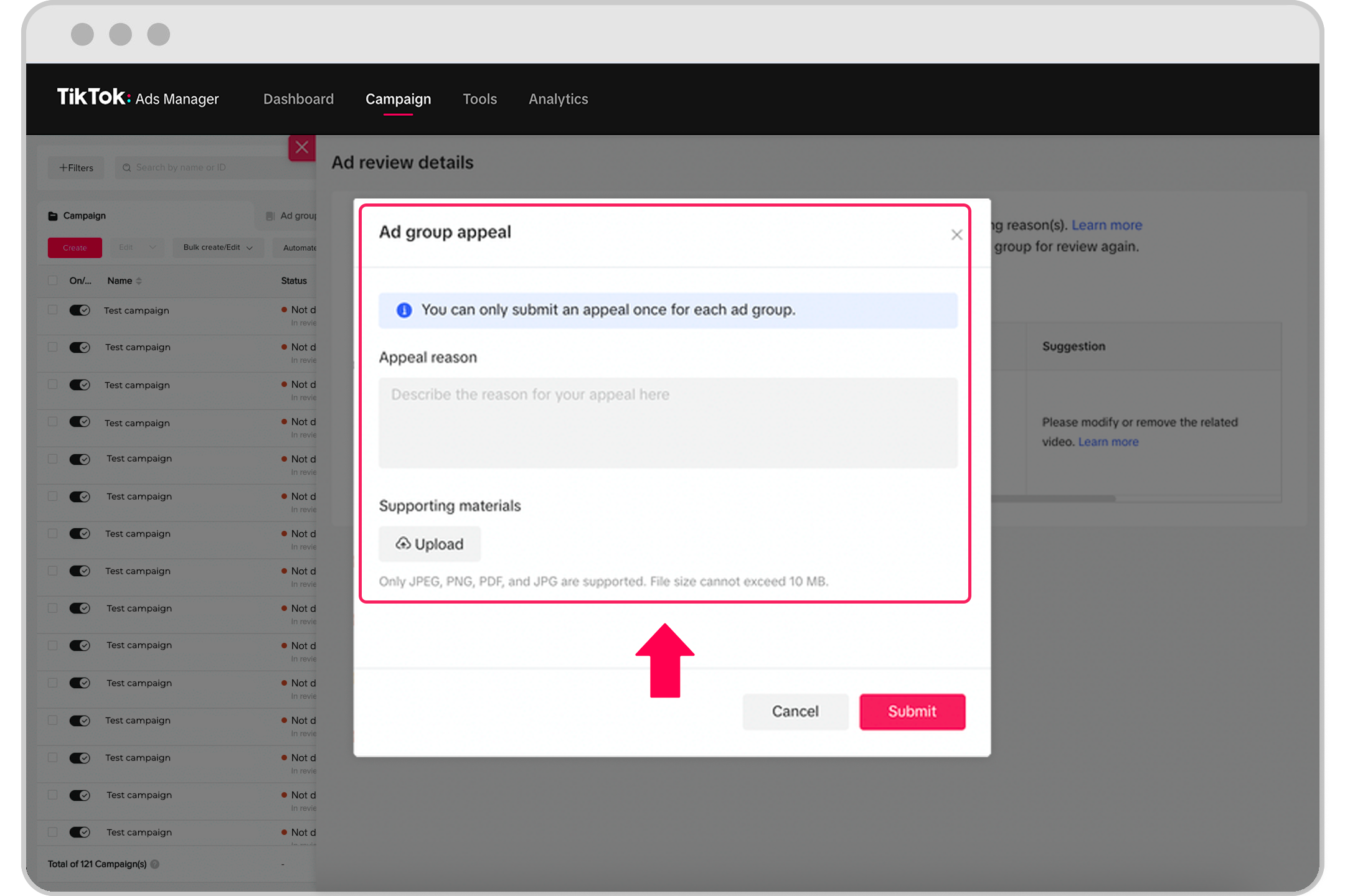通过针对其他广告类型的一键申诉功能对被拒绝的广告提出申诉
