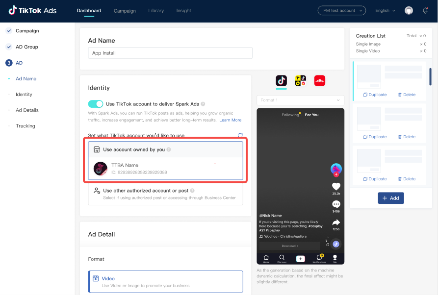 TikTok Ads Dashboard selecting "Use account owned by you"