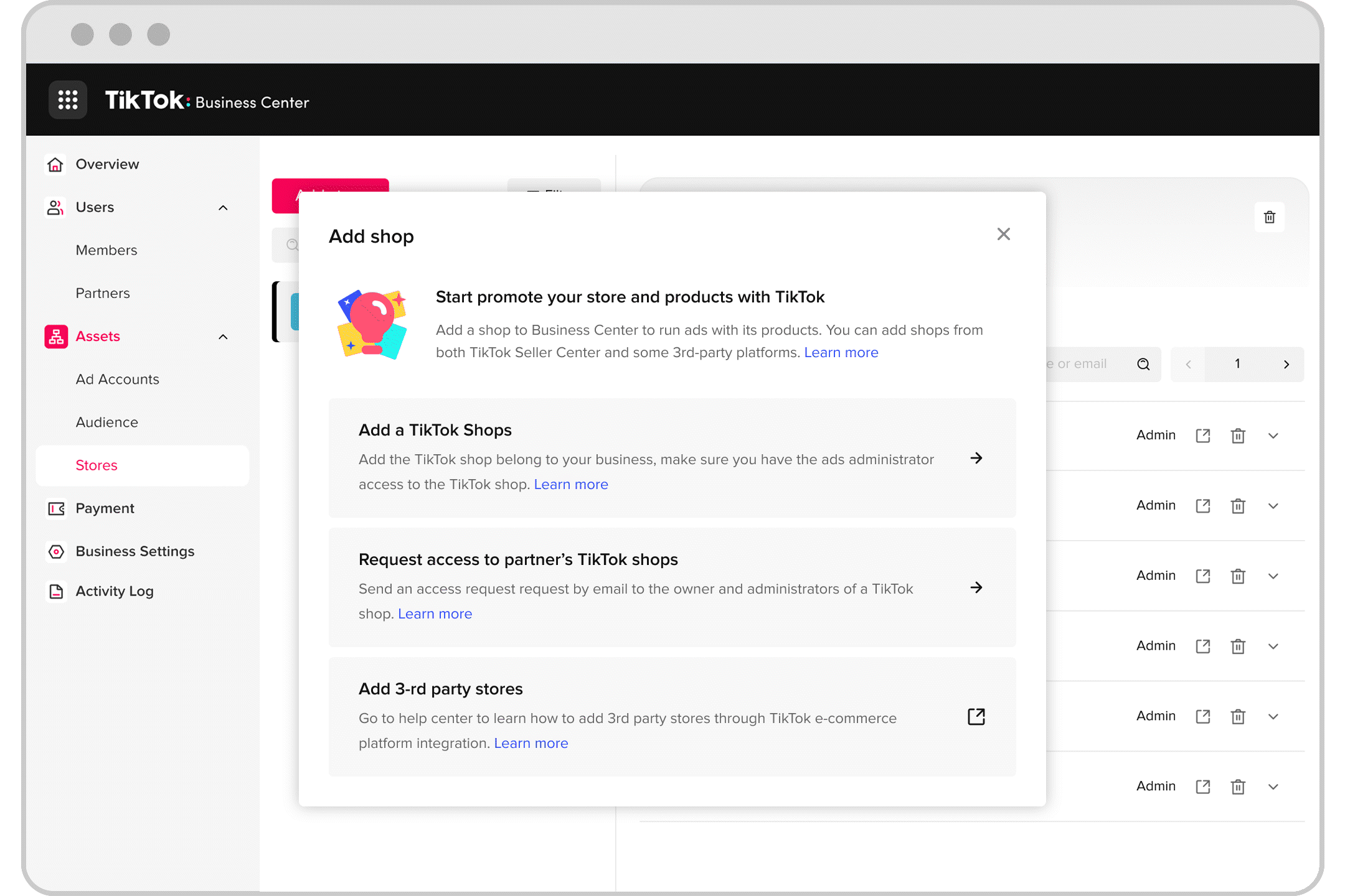 对于卖家 - 认领,从商务中心创建 TikTok 商店