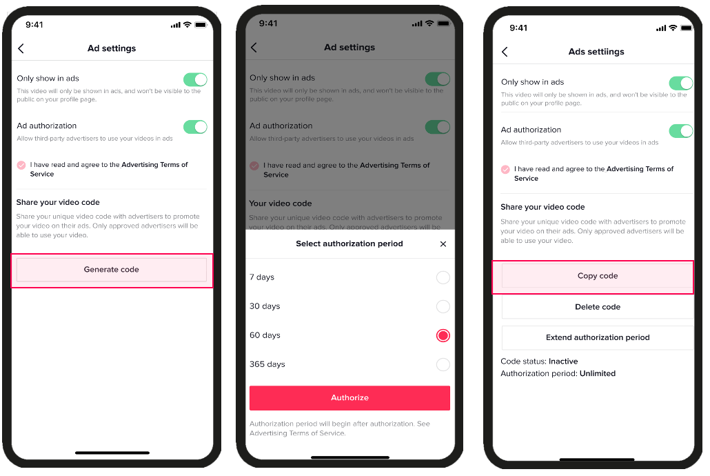 Three images showing how to generate a code on the TikTok app